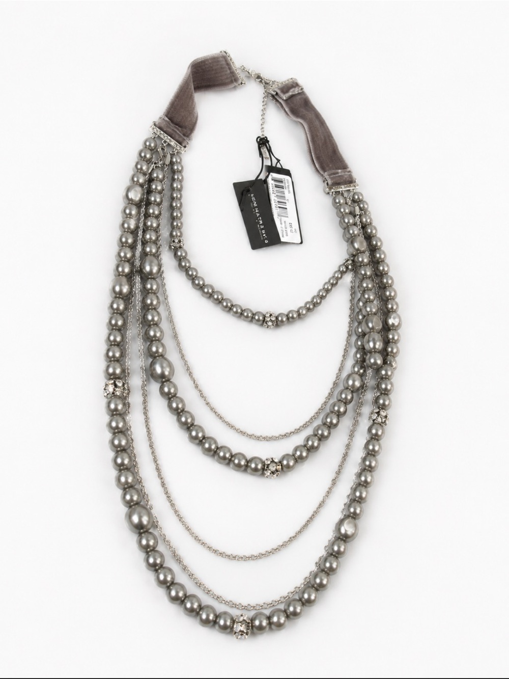 Laundry By Shelli Segal Layered Silver-Tone Beaded Necklace with Velvet Ribbon